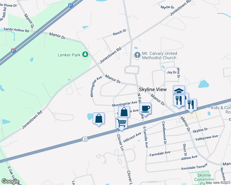 map of restaurants, bars, coffee shops, grocery stores, and more near 7548 Lakeside Avenue in Harrisburg