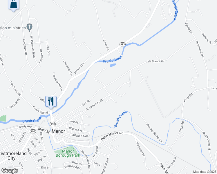 map of restaurants, bars, coffee shops, grocery stores, and more near 202 Oak Street in Manor