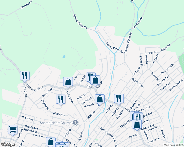 map of restaurants, bars, coffee shops, grocery stores, and more near 825 Laura Street in Jeannette