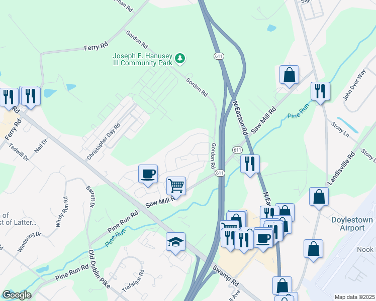 map of restaurants, bars, coffee shops, grocery stores, and more near 5461 Rinker Circle in Doylestown