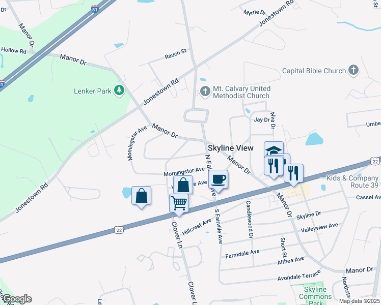 map of restaurants, bars, coffee shops, grocery stores, and more near 7616 Lakeside Avenue in Harrisburg