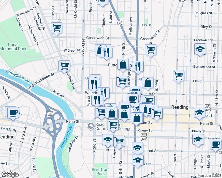 map of restaurants, bars, coffee shops, grocery stores, and more near 215 North 3rd Street in Reading
