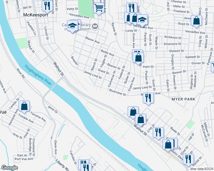 map of restaurants, bars, coffee shops, grocery stores, and more near 1816 Jenny Lind Street in McKeesport