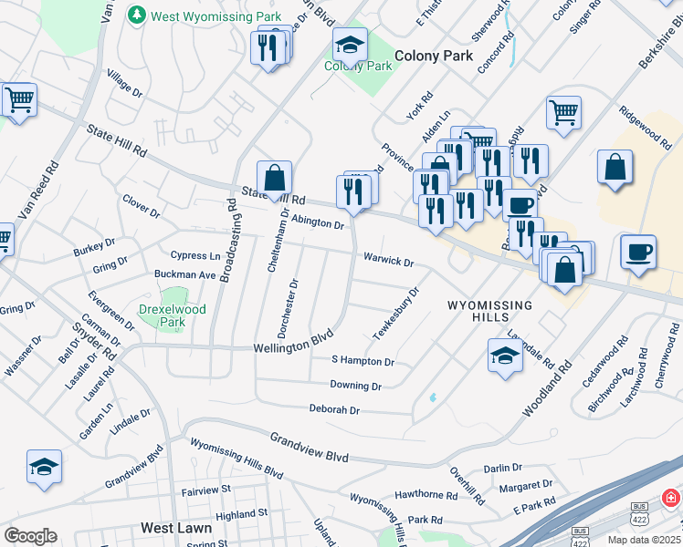map of restaurants, bars, coffee shops, grocery stores, and more near 21 Devonshire Drive in Reading