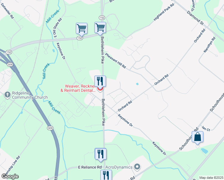 map of restaurants, bars, coffee shops, grocery stores, and more near 216 Dorchester Drive in Sellersville