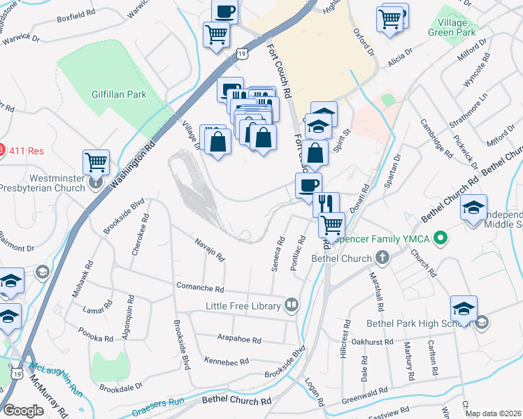 map of restaurants, bars, coffee shops, grocery stores, and more near 1100 Village Drive in Upper Saint Clair