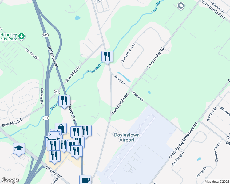 map of restaurants, bars, coffee shops, grocery stores, and more near 4371 Old Easton Road in Doylestown