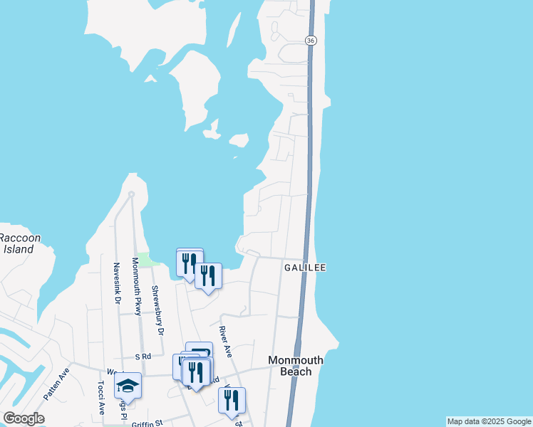 map of restaurants, bars, coffee shops, grocery stores, and more near 64 Wharfside Drive in Monmouth Beach