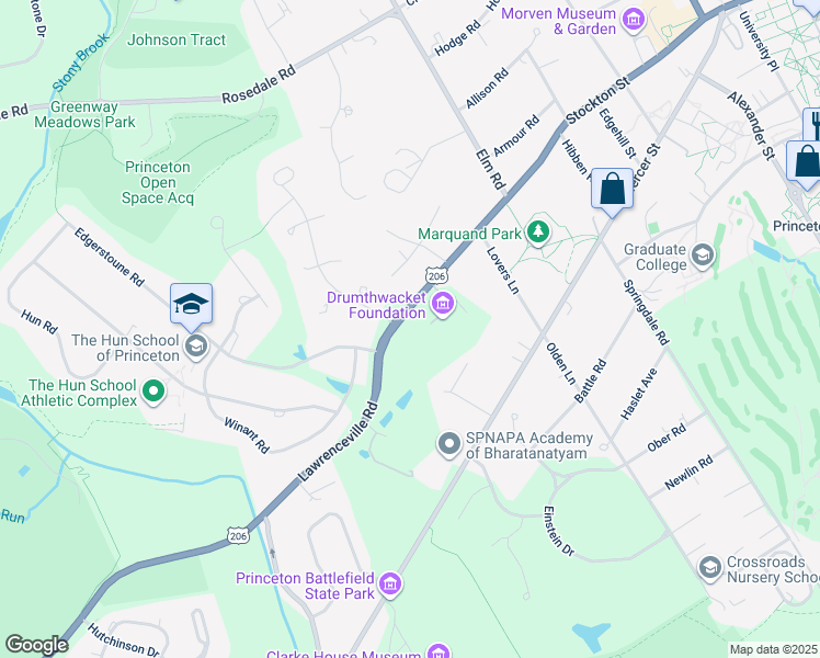 map of restaurants, bars, coffee shops, grocery stores, and more near 360 Stockton Street in Princeton