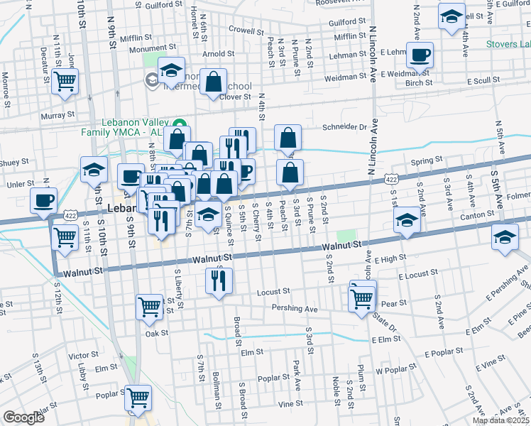 map of restaurants, bars, coffee shops, grocery stores, and more near 338 Cumberland Street in Lebanon
