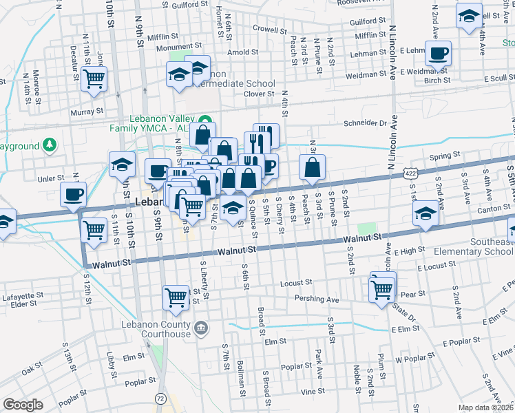 map of restaurants, bars, coffee shops, grocery stores, and more near 528 U.S. 422 in Lebanon