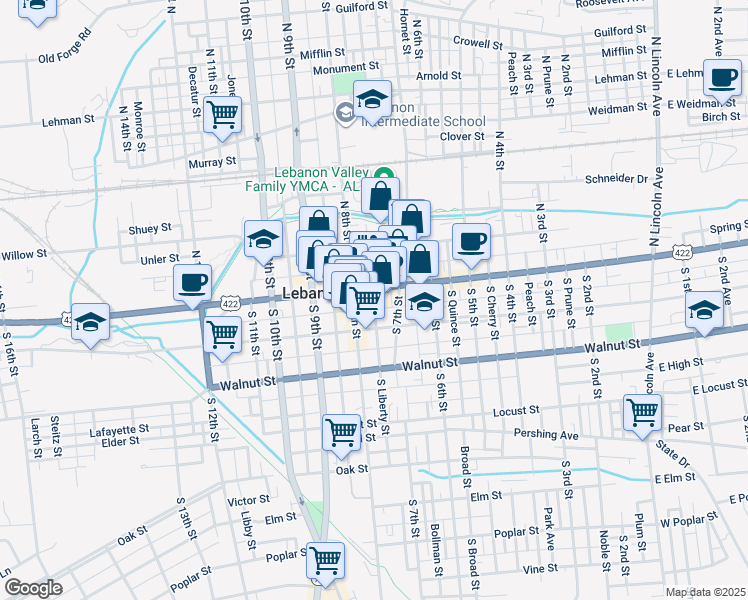 map of restaurants, bars, coffee shops, grocery stores, and more near 725 U.S. 422 in Lebanon