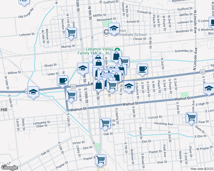 map of restaurants, bars, coffee shops, grocery stores, and more near 801 Cumberland Street in Lebanon