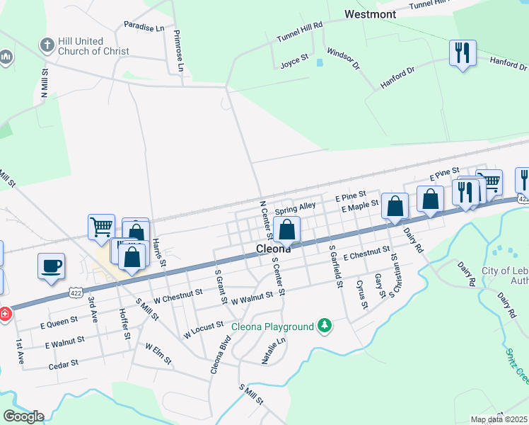 map of restaurants, bars, coffee shops, grocery stores, and more near 130 North Center Street in Cleona