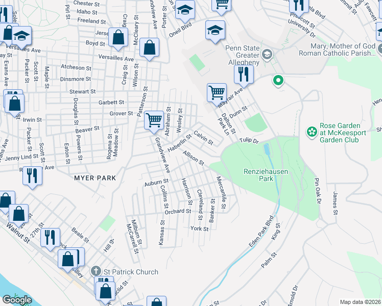 map of restaurants, bars, coffee shops, grocery stores, and more near 2012 Wesley Street in McKeesport