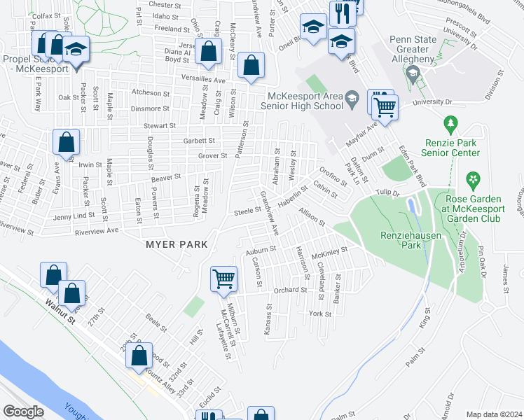 map of restaurants, bars, coffee shops, grocery stores, and more near 3506 Mayfair Street in McKeesport