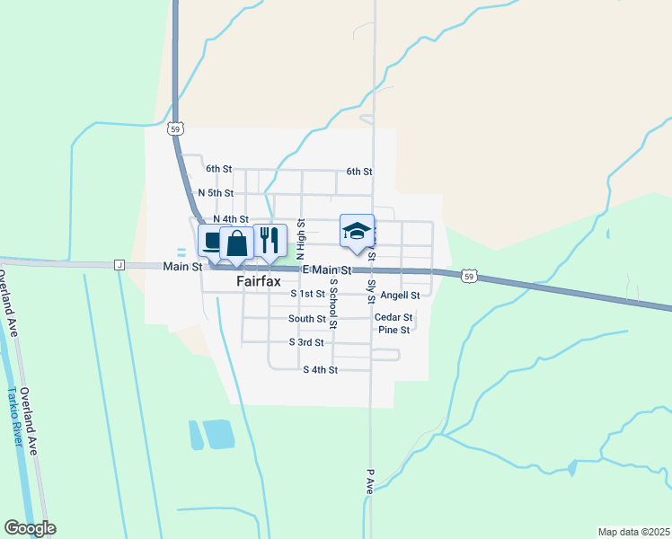 map of restaurants, bars, coffee shops, grocery stores, and more near 500 E Main St in Fairfax