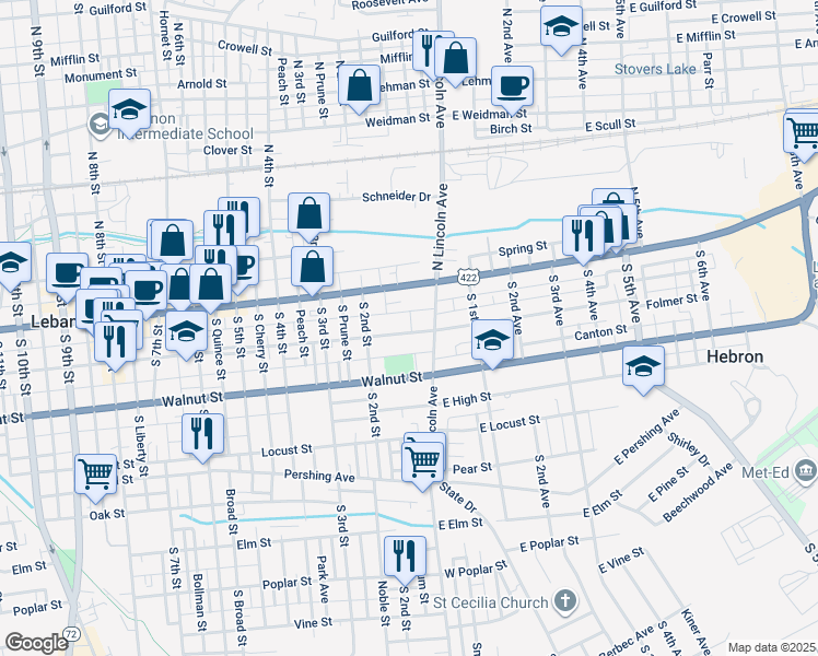 map of restaurants, bars, coffee shops, grocery stores, and more near 45 Walton Street in Lebanon