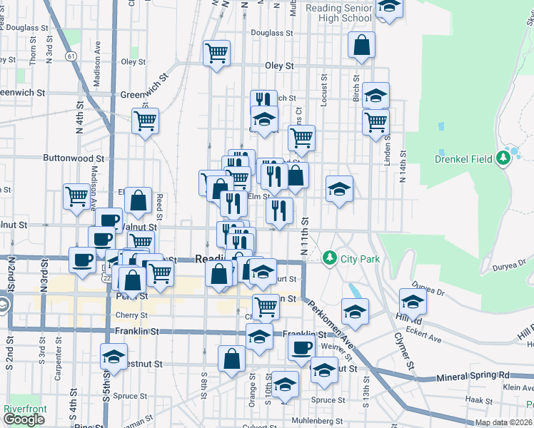 map of restaurants, bars, coffee shops, grocery stores, and more near 239 North 10th Street in Reading