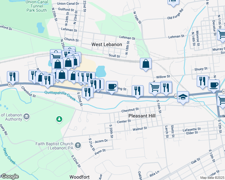 map of restaurants, bars, coffee shops, grocery stores, and more near 1965 Cumberland Street in Lebanon