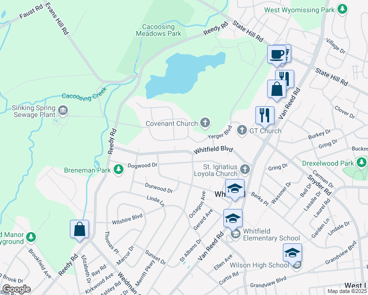 map of restaurants, bars, coffee shops, grocery stores, and more near 1305 Whitfield Boulevard in Reading