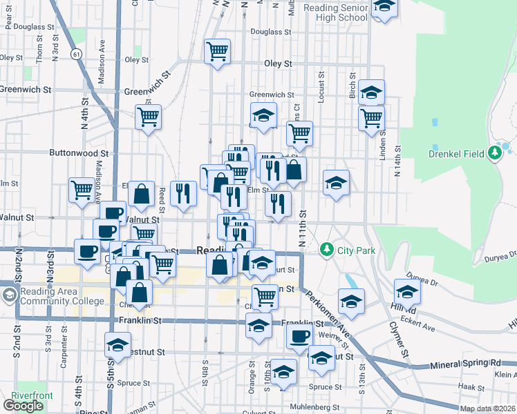 map of restaurants, bars, coffee shops, grocery stores, and more near 245 North 9th Street in Reading