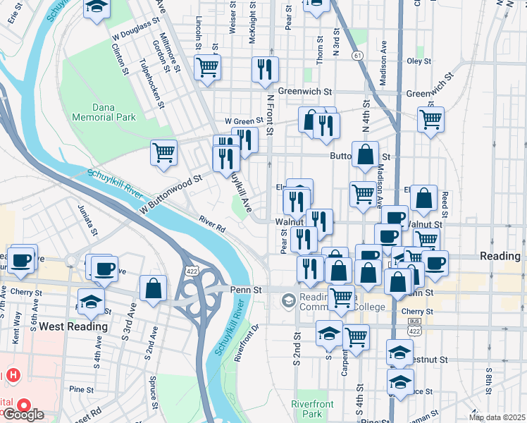 map of restaurants, bars, coffee shops, grocery stores, and more near 208 North Front Street in Reading