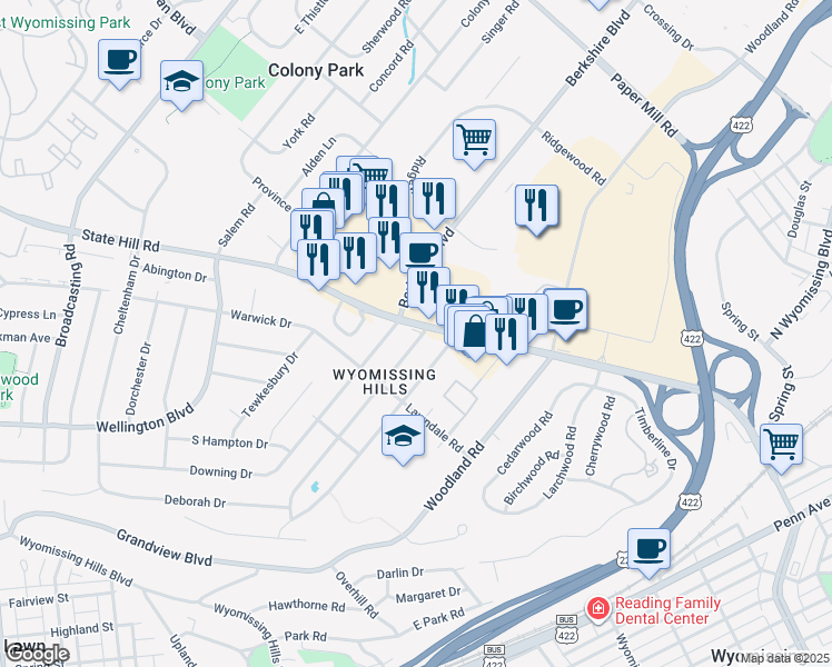 map of restaurants, bars, coffee shops, grocery stores, and more near 2100 State Hill Road in Reading
