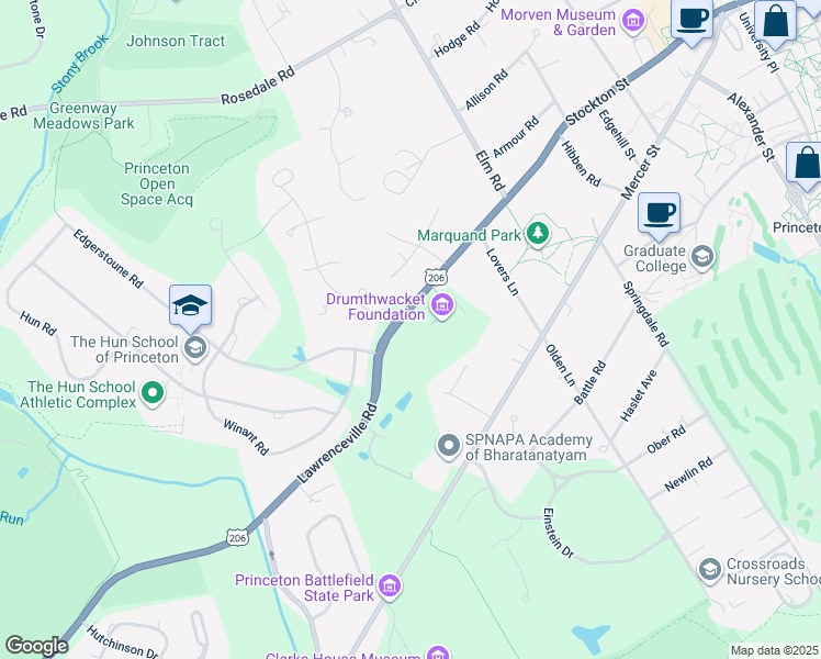 map of restaurants, bars, coffee shops, grocery stores, and more near 360 Stockton Street in Princeton