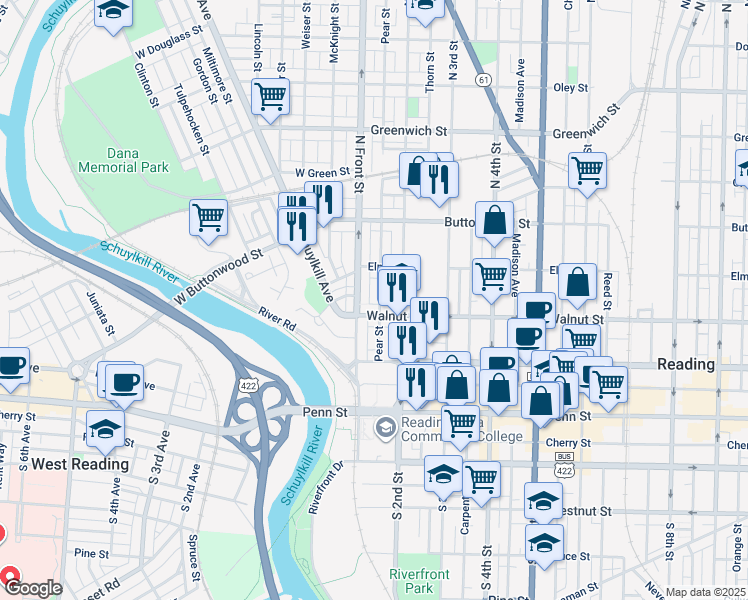 map of restaurants, bars, coffee shops, grocery stores, and more near 220 Pear Street in Reading