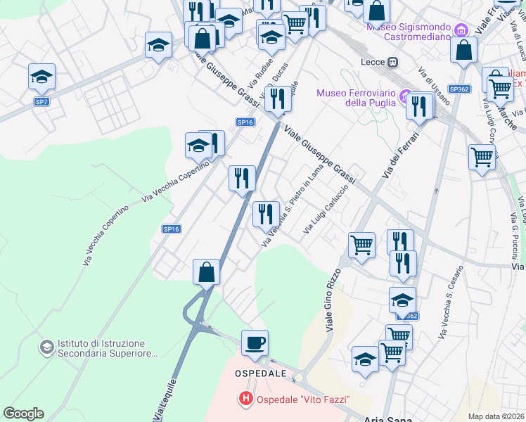 map of restaurants, bars, coffee shops, grocery stores, and more near 11 Via Salvo D'Acquisto in Lecce