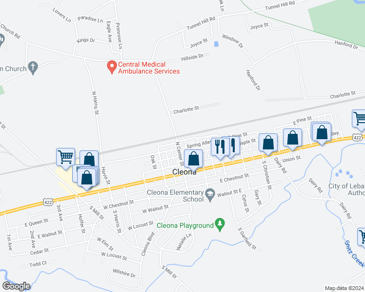 map of restaurants, bars, coffee shops, grocery stores, and more near 120 North Center Street in Cleona
