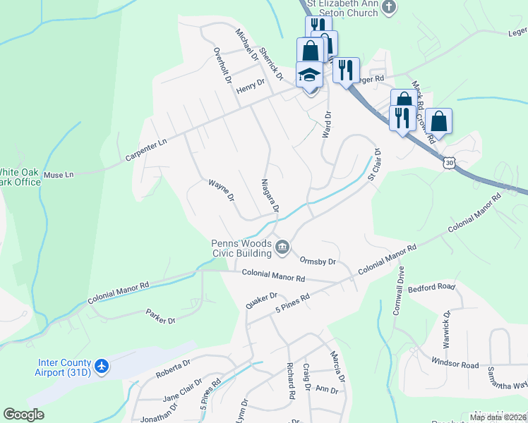 map of restaurants, bars, coffee shops, grocery stores, and more near 599 Niagara Drive in Irwin