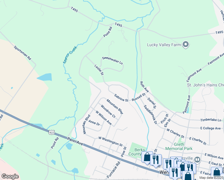 map of restaurants, bars, coffee shops, grocery stores, and more near 47 Sabrina Street in Wernersville