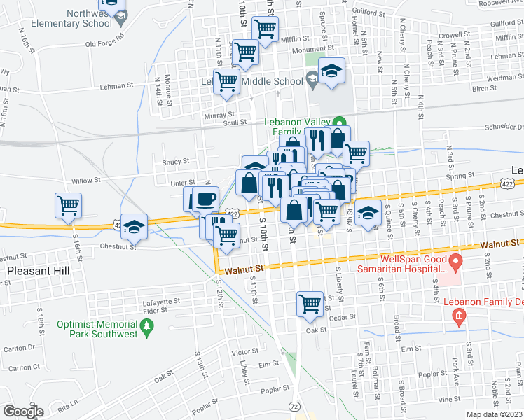 map of restaurants, bars, coffee shops, grocery stores, and more near 2 North 10th Street in Lebanon