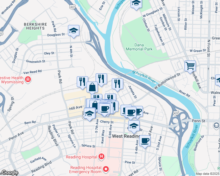 map of restaurants, bars, coffee shops, grocery stores, and more near 511 Elm Street in West Reading