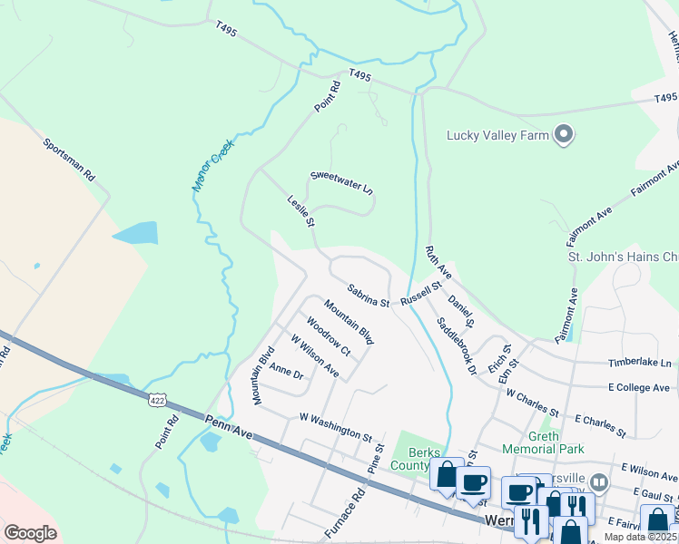 map of restaurants, bars, coffee shops, grocery stores, and more near 35 Sabrina Street in Wernersville