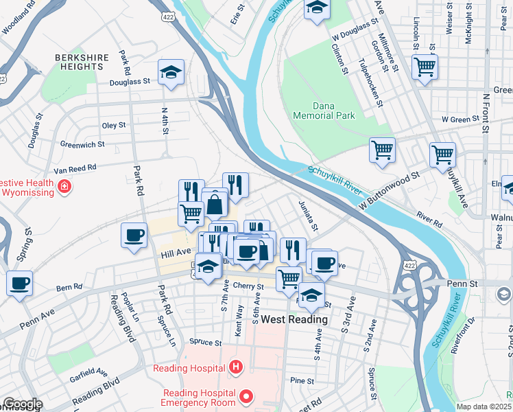 map of restaurants, bars, coffee shops, grocery stores, and more near 511 Elm Street in West Reading
