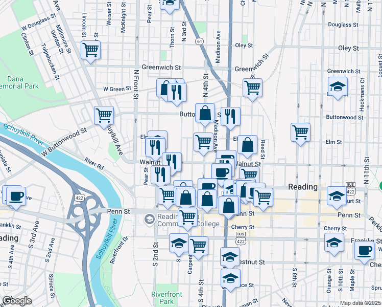 map of restaurants, bars, coffee shops, grocery stores, and more near 220 Rose Street in Reading
