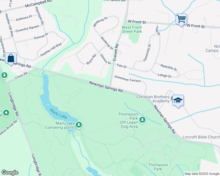 map of restaurants, bars, coffee shops, grocery stores, and more near Newman Springs Road in Lincroft
