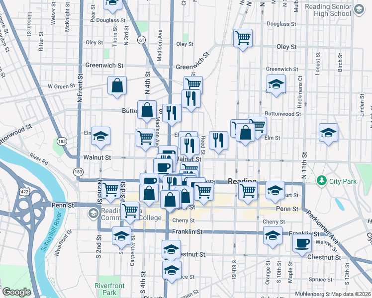 map of restaurants, bars, coffee shops, grocery stores, and more near 237 North 5th Street in Reading