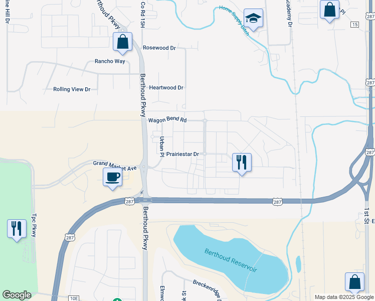 map of restaurants, bars, coffee shops, grocery stores, and more near 894 Prairie Star Drive in Berthoud