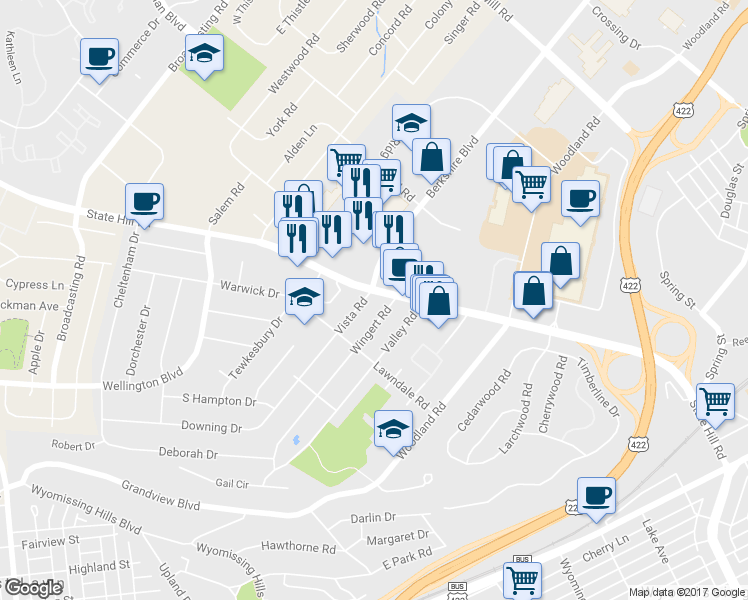 map of restaurants, bars, coffee shops, grocery stores, and more near 2 Vista Road in Wyomissing