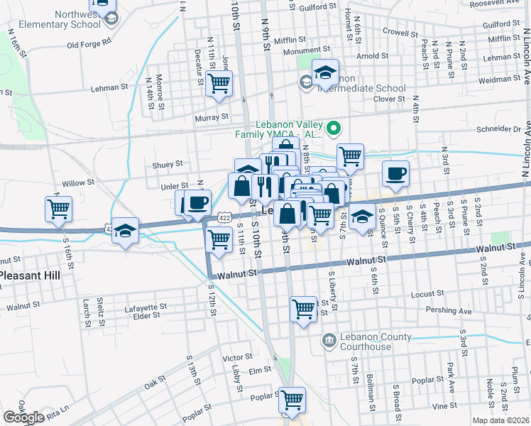 map of restaurants, bars, coffee shops, grocery stores, and more near 15 North 10th Street in Lebanon