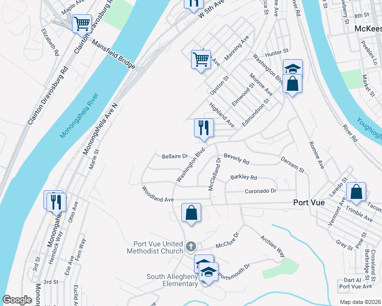 map of restaurants, bars, coffee shops, grocery stores, and more near 1408 Washington Boulevard in McKeesport