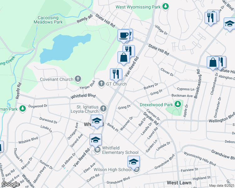 map of restaurants, bars, coffee shops, grocery stores, and more near 2300 Van Reed Road in Reading
