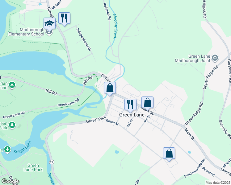 map of restaurants, bars, coffee shops, grocery stores, and more near 63 Main Street in Green Lane