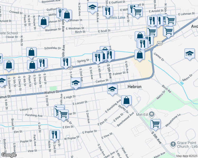 map of restaurants, bars, coffee shops, grocery stores, and more near 320 East Chestnut Street in Lebanon