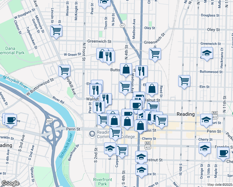 map of restaurants, bars, coffee shops, grocery stores, and more near 220 Rose Street in Reading