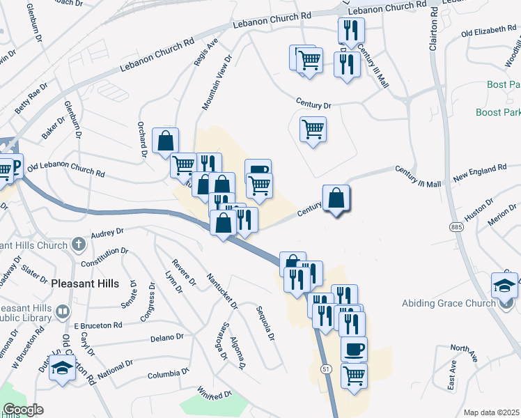 map of restaurants, bars, coffee shops, grocery stores, and more near 9901 Mountain View Drive in West Mifflin